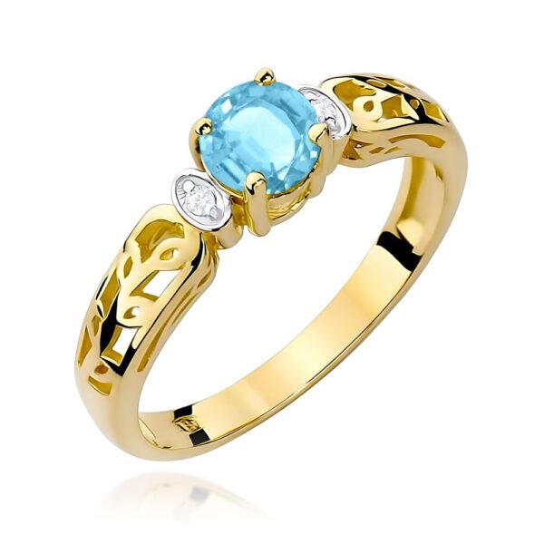 Pierścionek z topazem Swiss Blue 0,50 ct i brylantami, żółte złoto 585