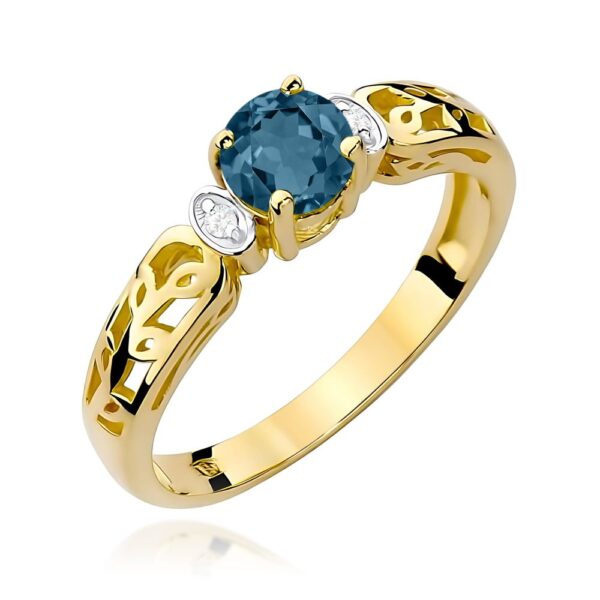 Pierścionek z topazem London Blue 0,50 ct i brylantami, żółte złoto 585