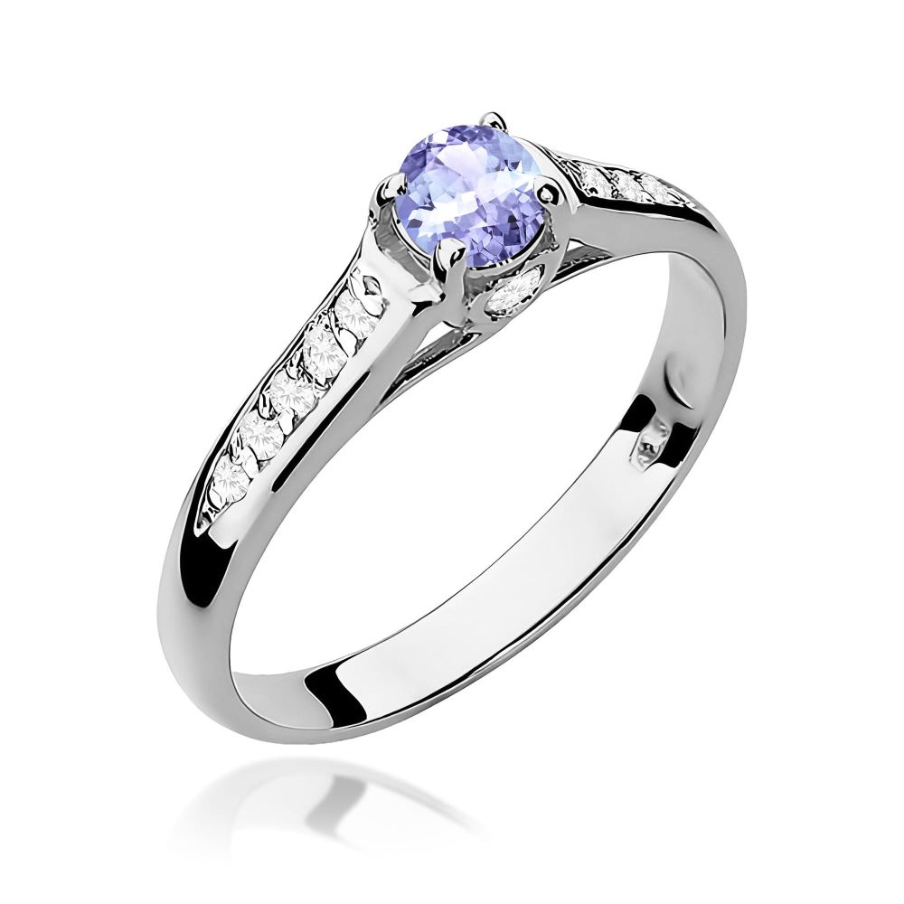Pierścionek z tanzanitem 0,35 ct i brylantami, białe złoto 585