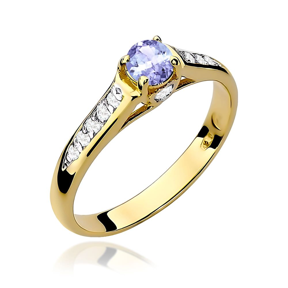 Pierścionek z tanzanitem 0,35 ct i brylantami, żółte złoto 585
