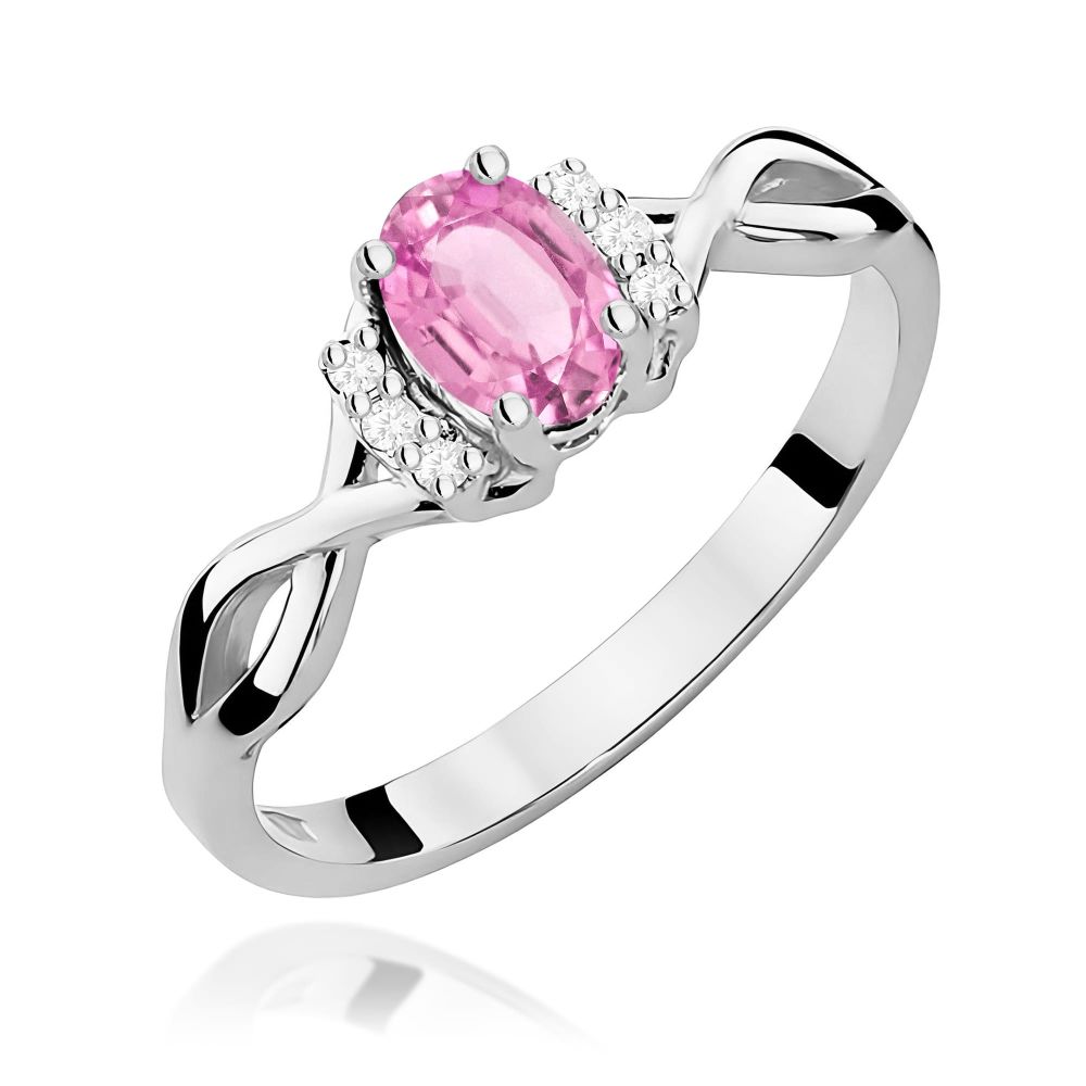 Pierścionek z różowym szafirem 0,45 ct i brylantami, białe złoto 585