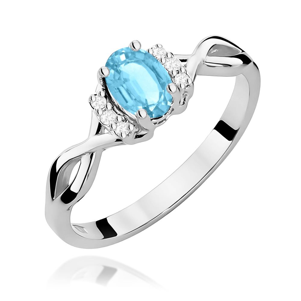 Pierścionek z topazem Swiss Blue 0,50 ct i brylantami, białe złoto 585
