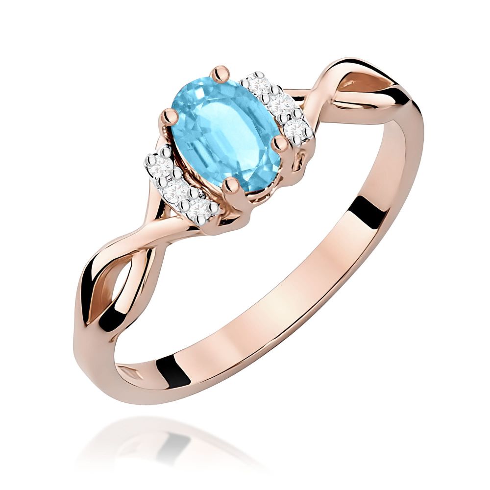 Pierścionek z topazem Swiss Blue 0,50 ct i brylantami, różowe złoto 585