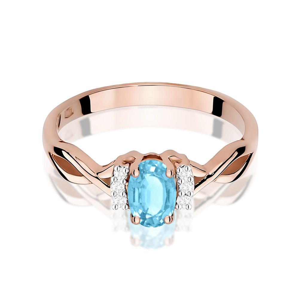 Pierścionek z topazem Swiss Blue 0,50 ct i brylantami, różowe złoto 585