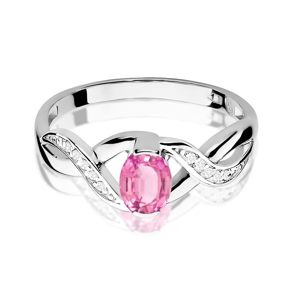 Pierścionek z różowym szafirem 0,45 ct i brylantami, białe złoto 585