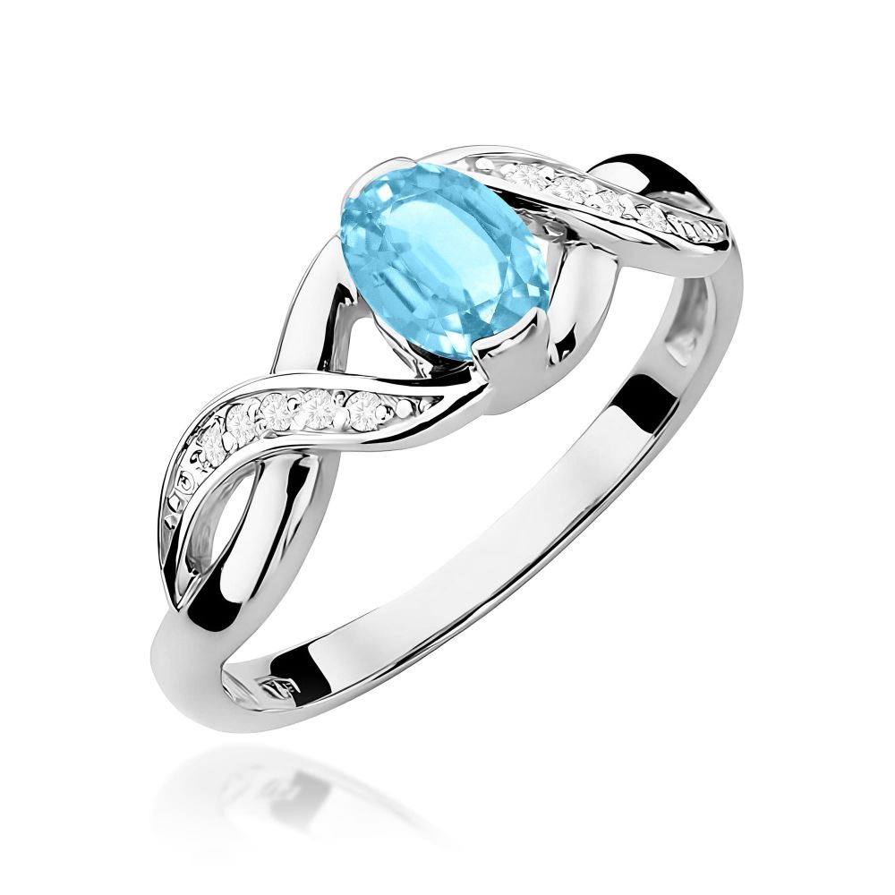 Pierścionek z topazem Swiss Blue 0,50 ct i brylantami, białe złoto 585