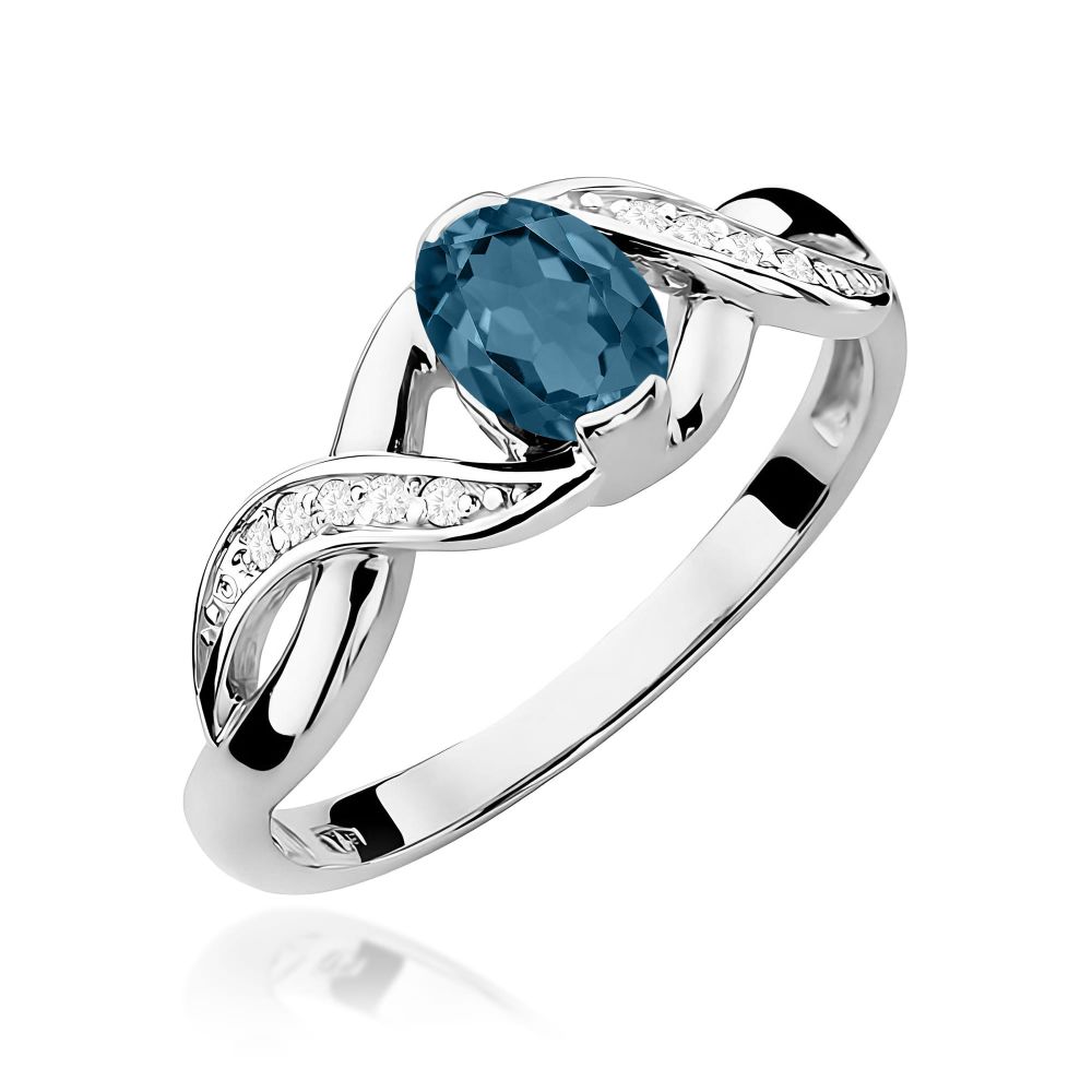 Pierścionek z topazem London Blue 0,50 ct i brylantami, białe złoto 585