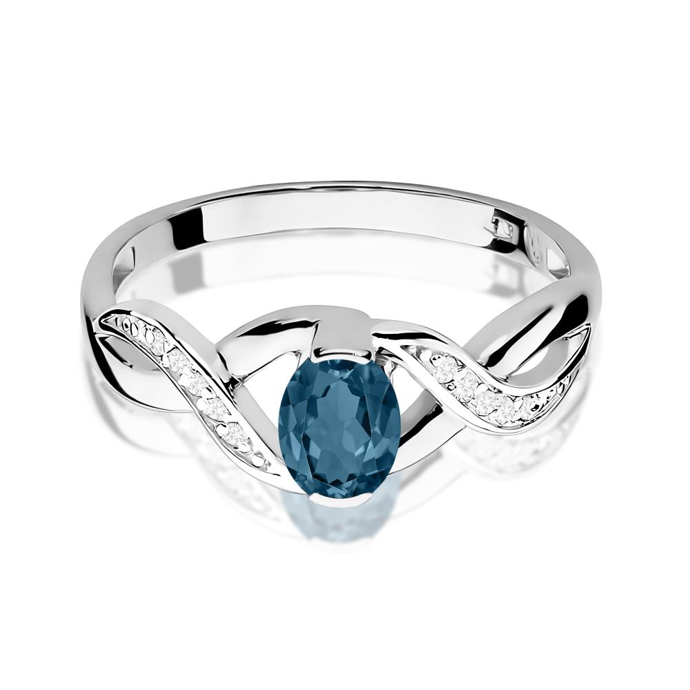 Pierścionek z topazem London Blue 0,50 ct i brylantami, białe złoto 585