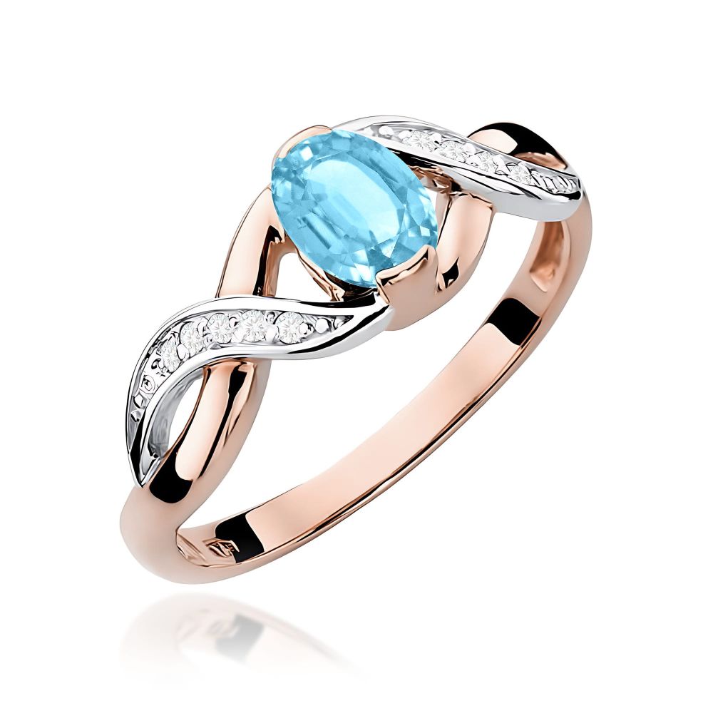 Pierścionek z topazem Swiss Blue 0,50 ct i brylantami, różowe złoto 585