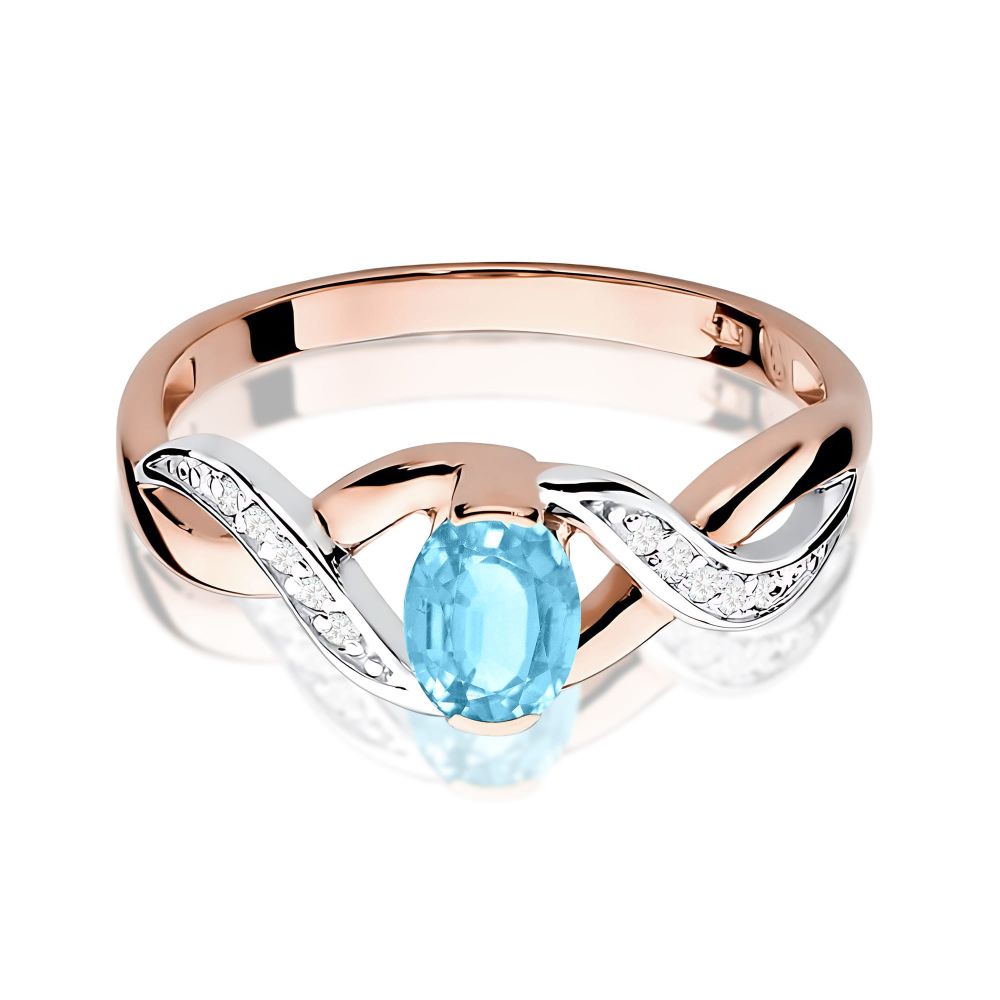 Pierścionek z topazem Swiss Blue 0,50 ct i brylantami, różowe złoto 585