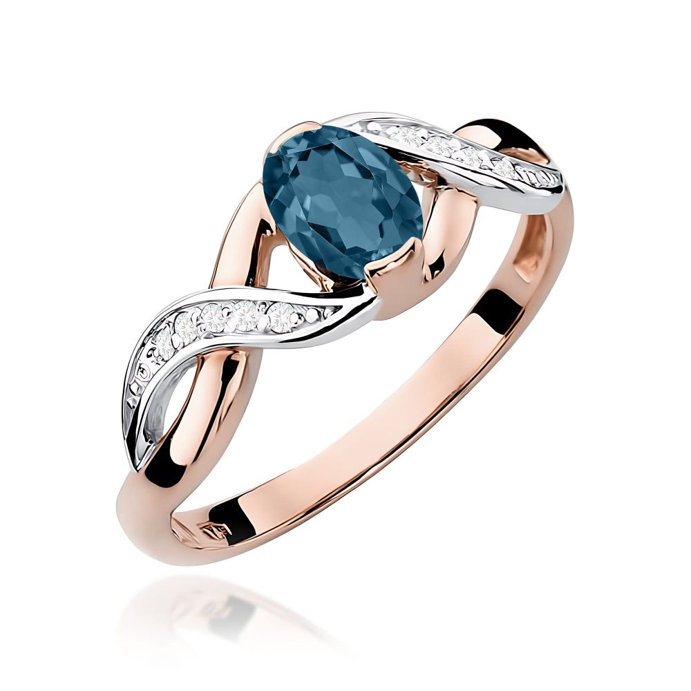 Pierścionek z topazem London Blue 0,50 ct i brylantami, różowe złoto 585