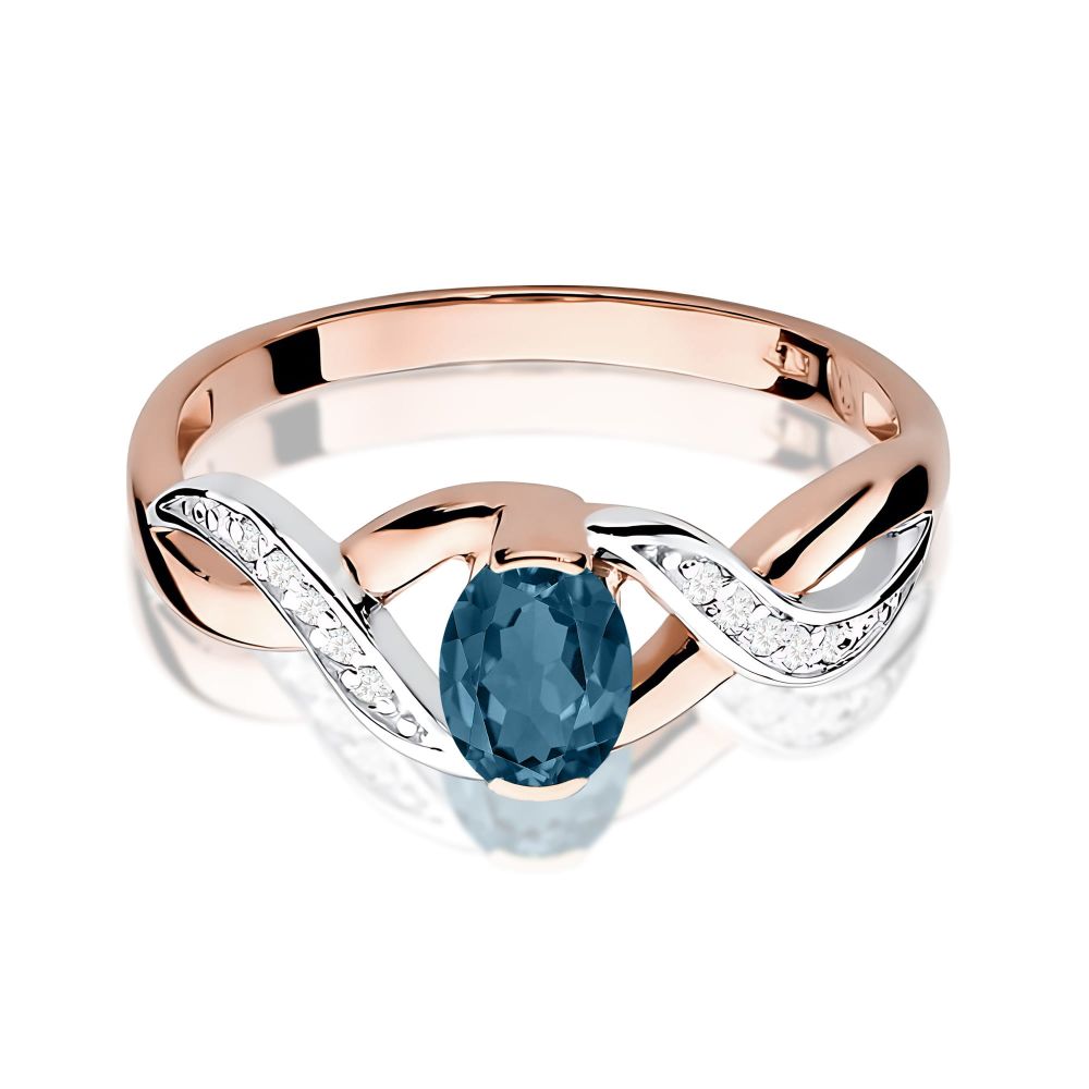 Pierścionek z topazem London Blue 0,50 ct i brylantami, różowe złoto 585