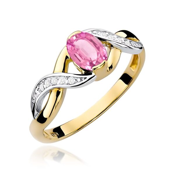 Pierścionek z różowym szafirem 0,45 ct i brylantami, żółte złoto 585