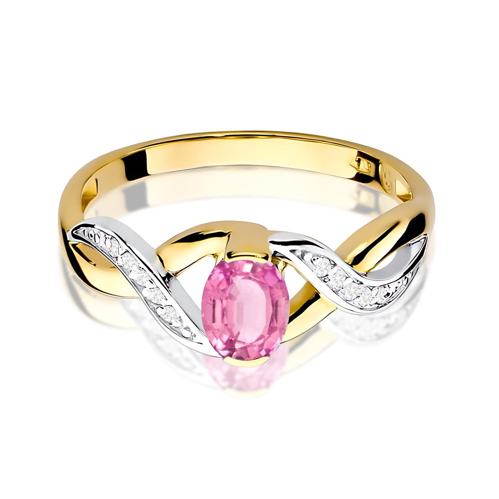 Pierścionek z różowym szafirem 0,45 ct i brylantami, żółte złoto 585