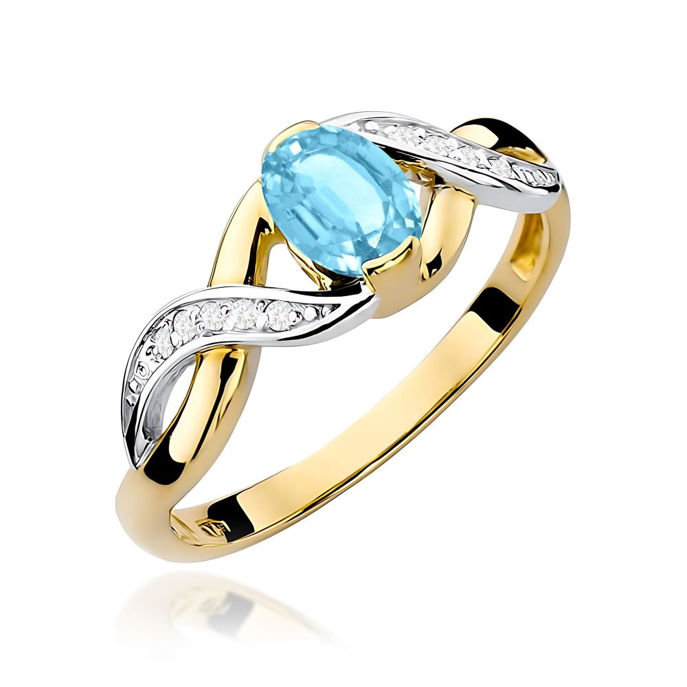 Pierścionek z topazem Swiss Blue 0,50 ct i brylantami, żółte złoto 585
