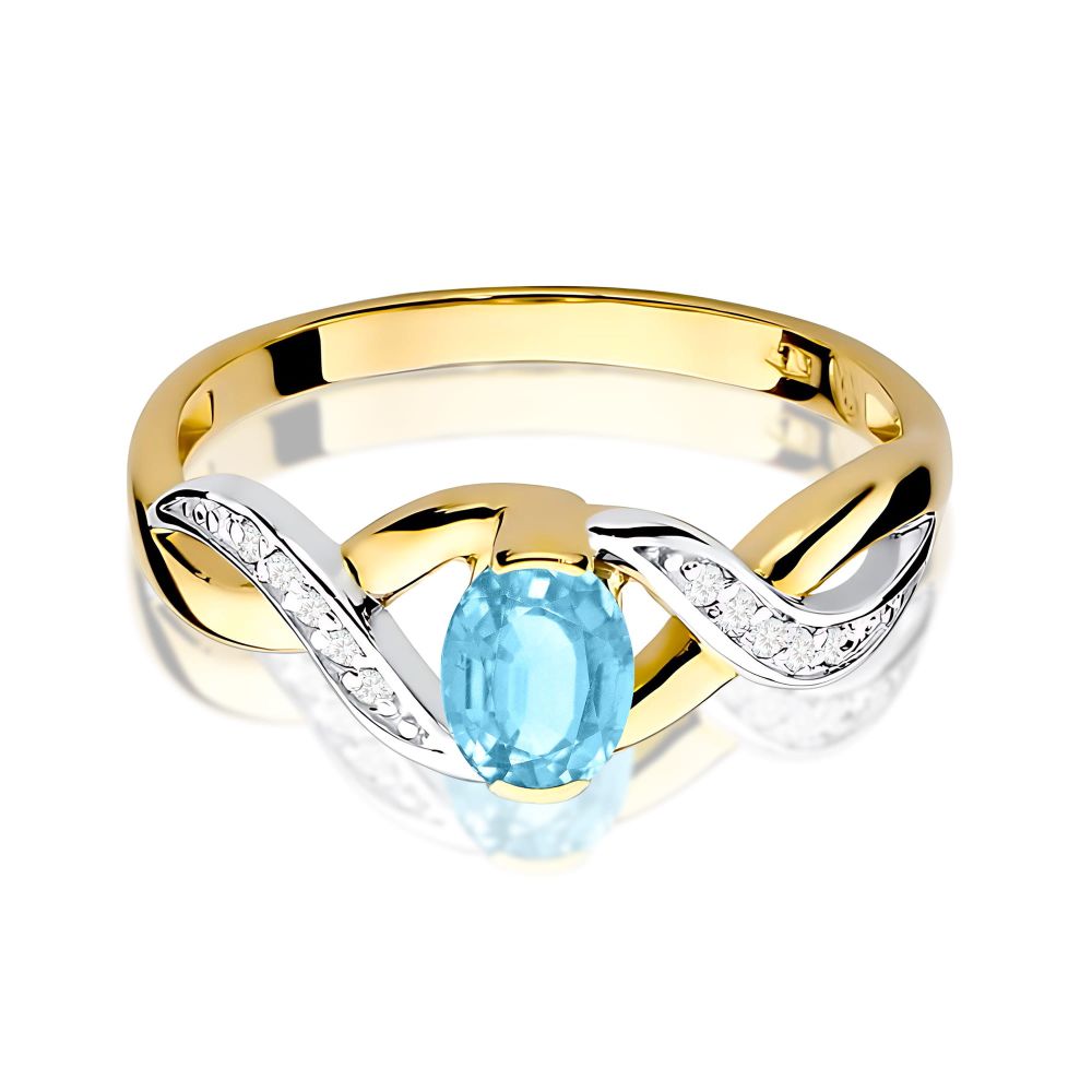 Pierścionek z topazem Swiss Blue 0,50 ct i brylantami, żółte złoto 585