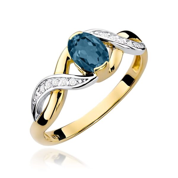 Pierścionek z topazem London Blue 0,50 ct i brylantami, żółte złoto 585