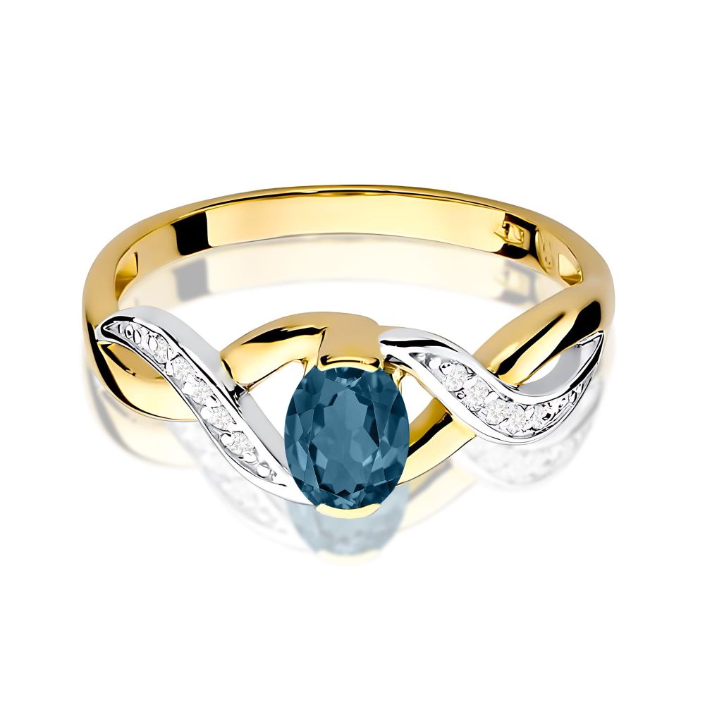Pierścionek z topazem London Blue 0,50 ct i brylantami, żółte złoto 585
