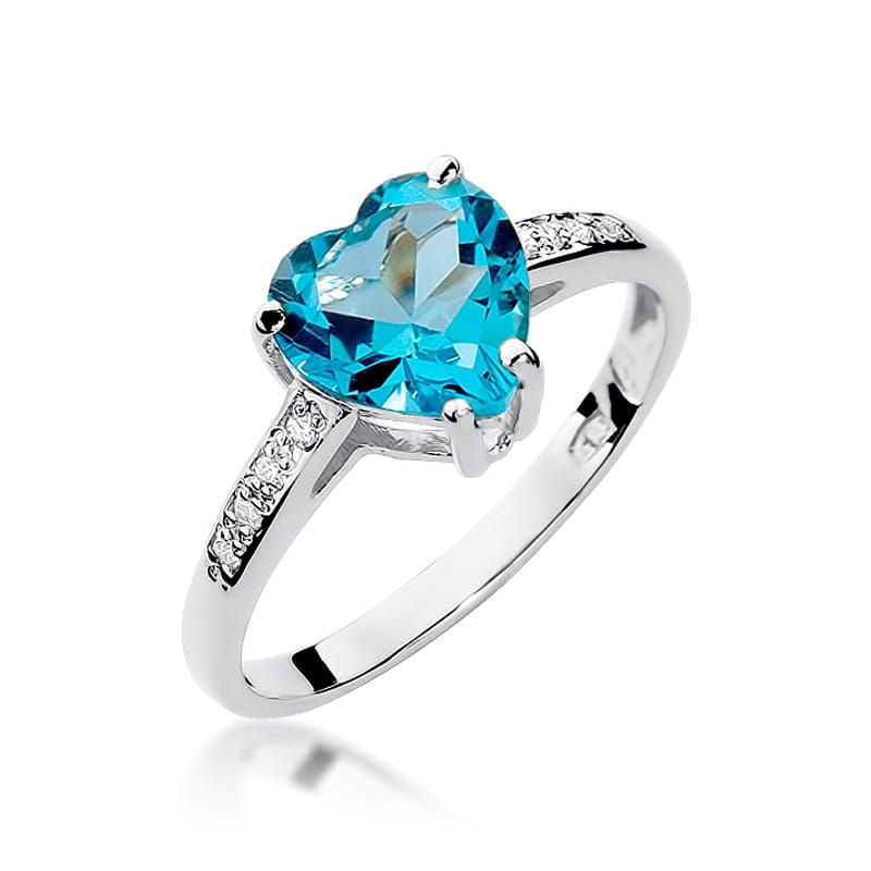 Pierścionek z topazem Swiss Blue 1,20 ct i brylantami, białe złoto 585