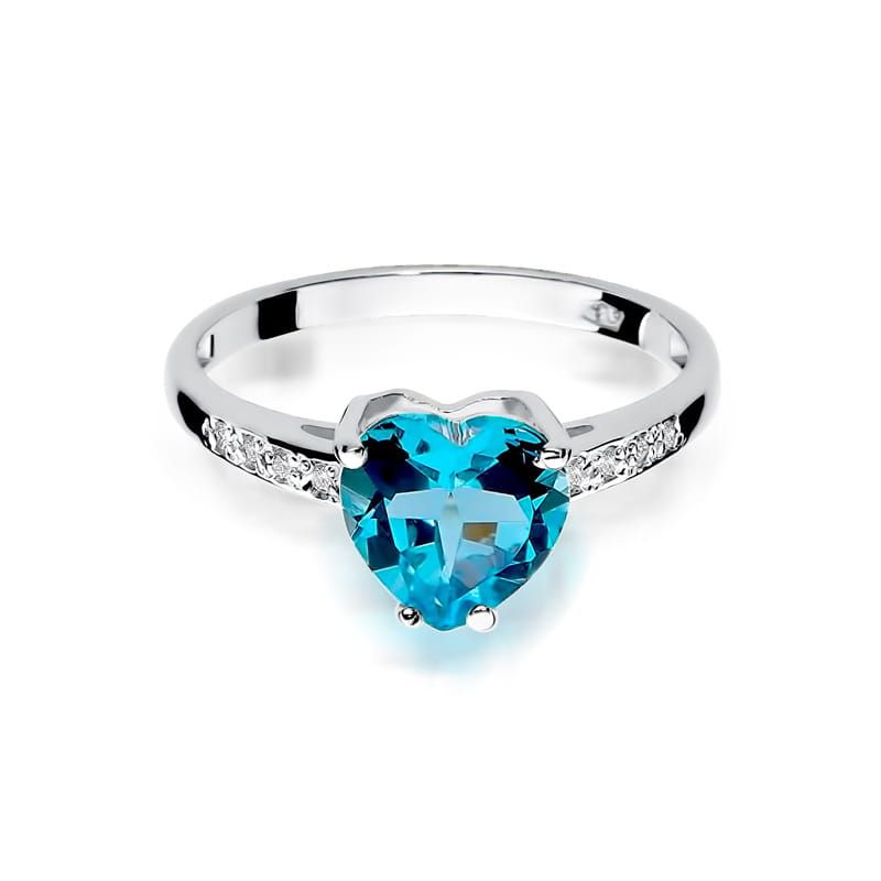 Pierścionek z topazem Swiss Blue 1,20 ct i brylantami, białe złoto 585