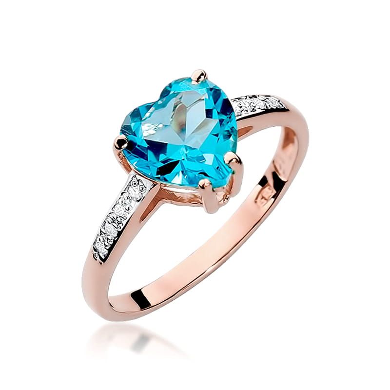 Pierścionek z topazem Swiss Blue 1,20 ct i brylantami, różowe złoto 585