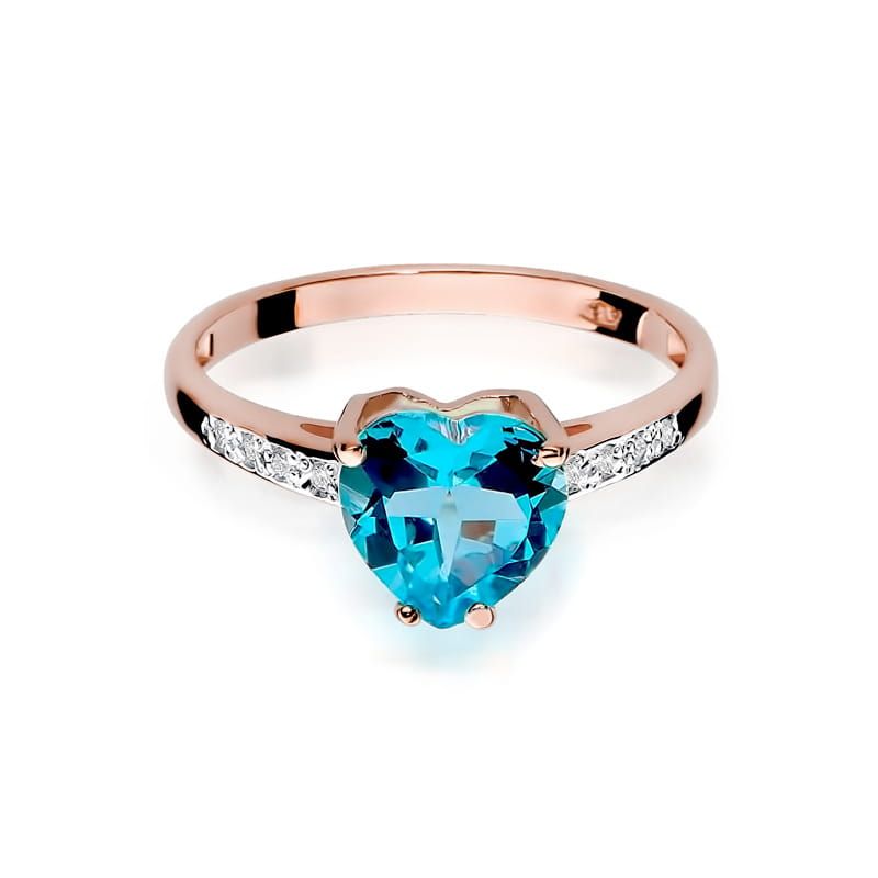 Pierścionek z topazem Swiss Blue 1,20 ct i brylantami, różowe złoto 585