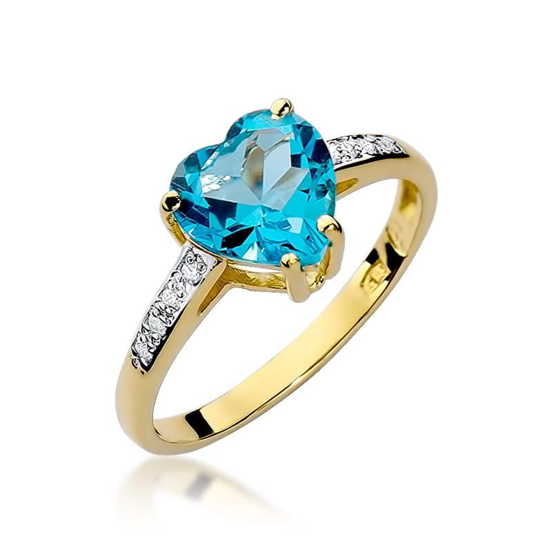 Pierścionek z topazem Swiss Blue 1,20 ct i brylantami, żółte złoto 585