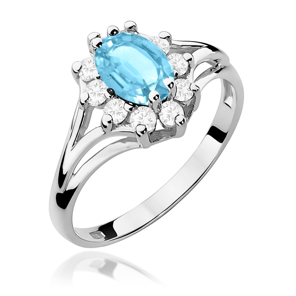 Pierścionek z topazem Swiss Blue 0,90 ct i brylantami, białe złoto 585