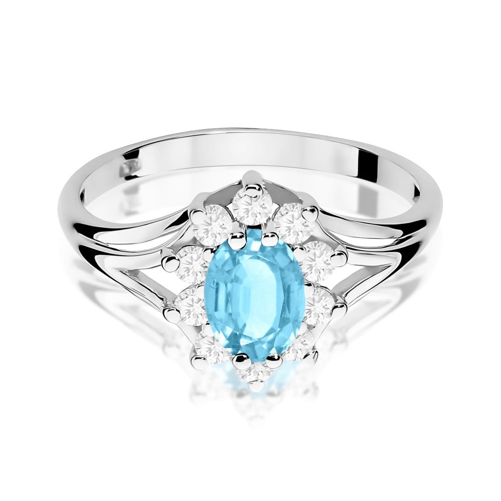 Pierścionek z topazem Swiss Blue 0,90 ct i brylantami, białe złoto 585