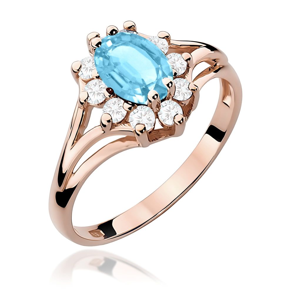 Pierścionek z topazem Swiss Blue 0,90 ct i brylantami, różowe złoto 585