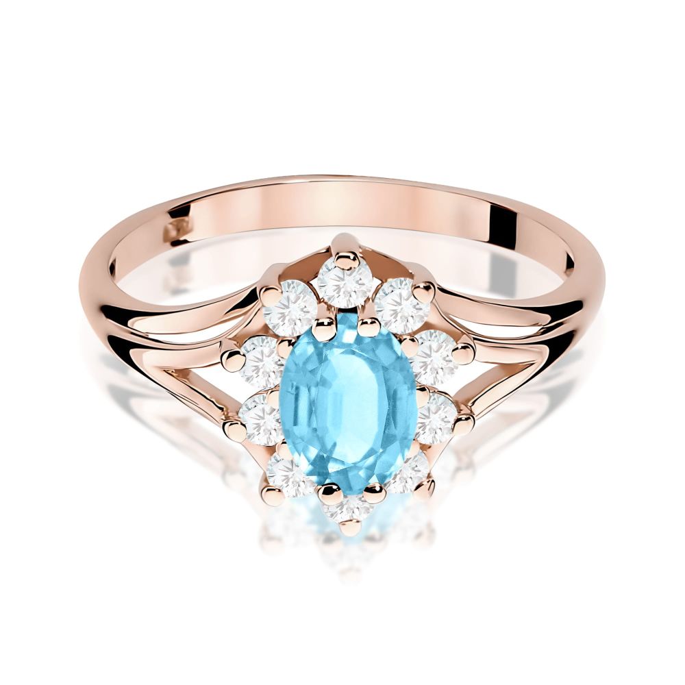 Pierścionek z topazem Swiss Blue 0,90 ct i brylantami, różowe złoto 585
