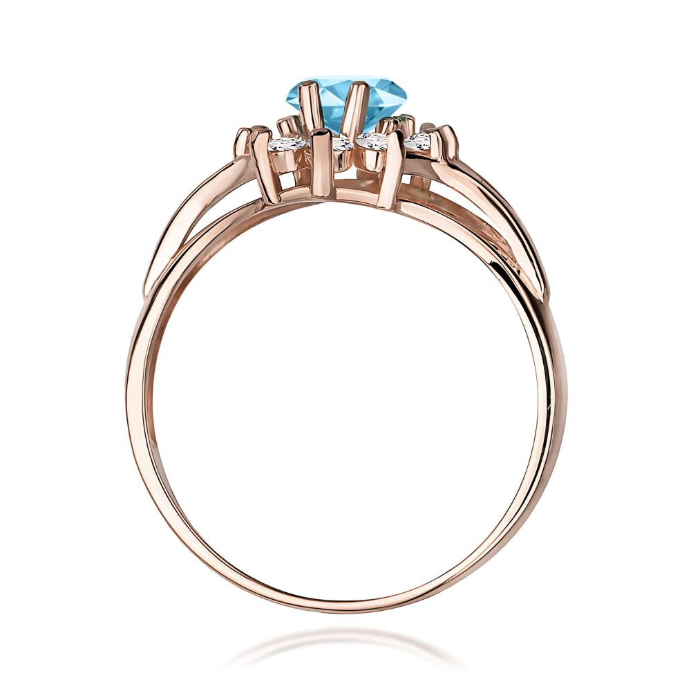 Pierścionek z topazem Swiss Blue 0,90 ct i brylantami, różowe złoto 585