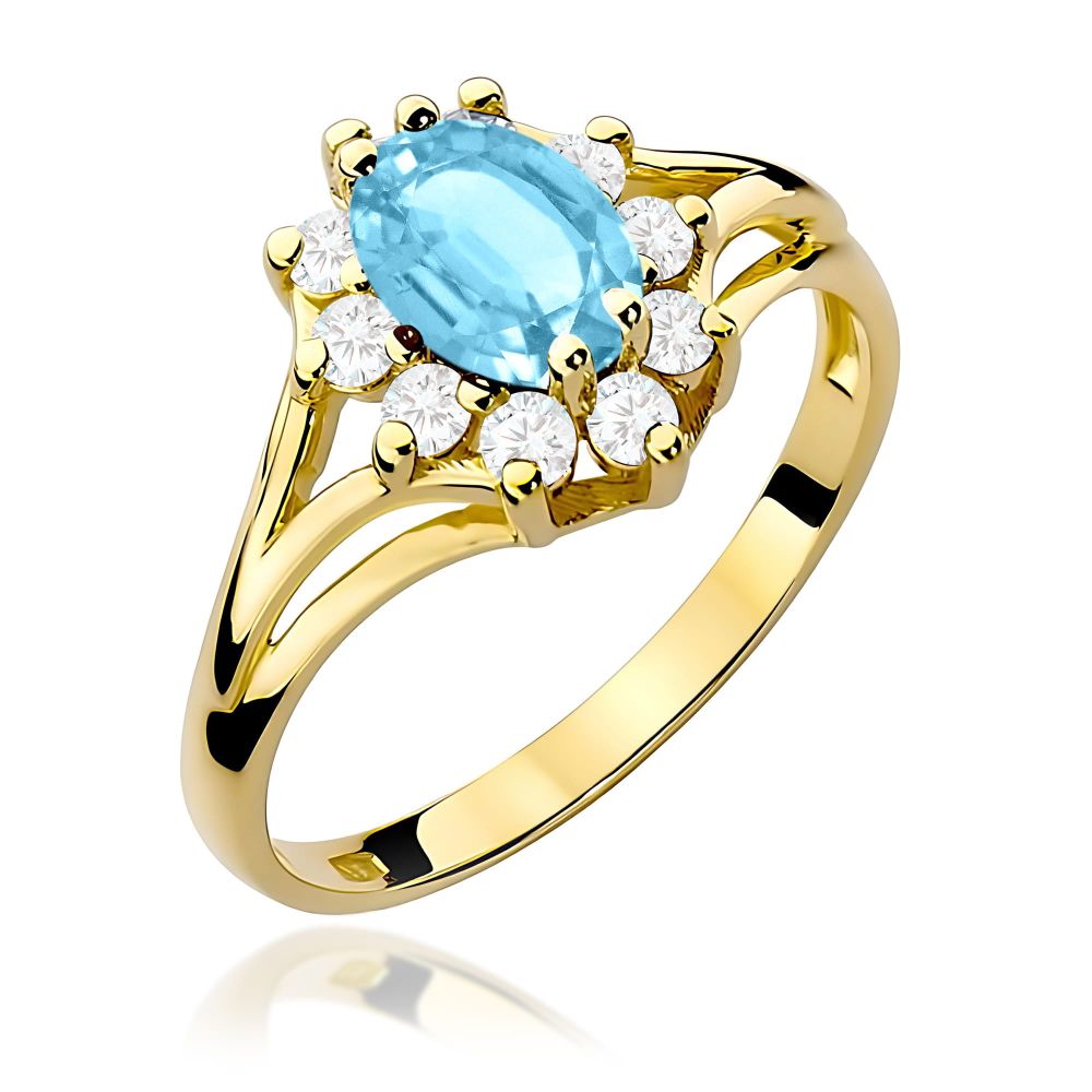 Pierścionek z topazem Swiss Blue 0,90 ct i brylantami, żółte złoto 585