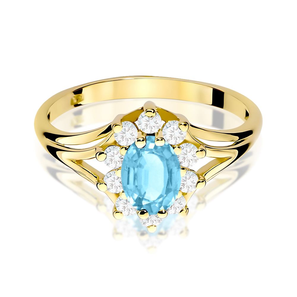 Pierścionek z topazem Swiss Blue 0,90 ct i brylantami, żółte złoto 585