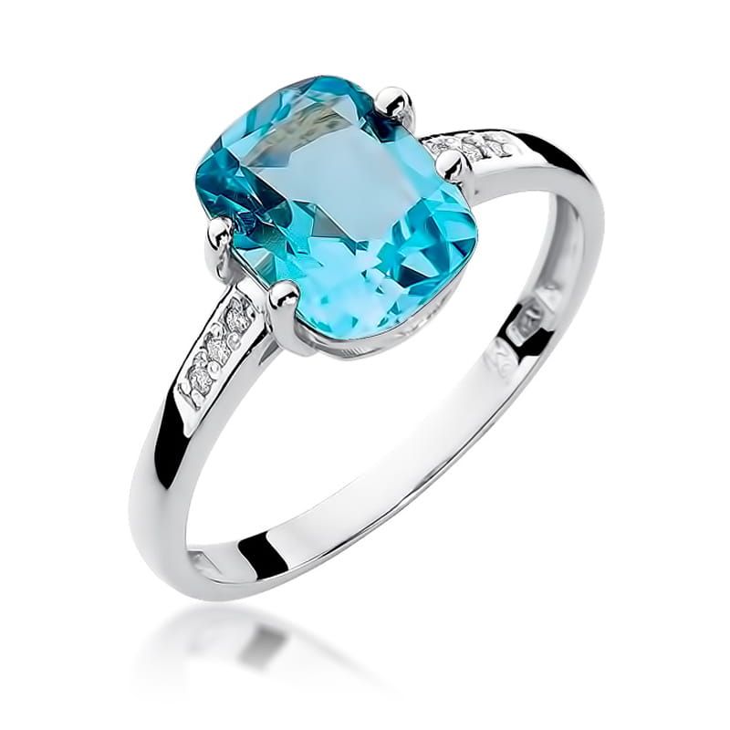 Pierścionek z topazem Swiss Blue 2,40 ct i brylantami, białe złoto 585