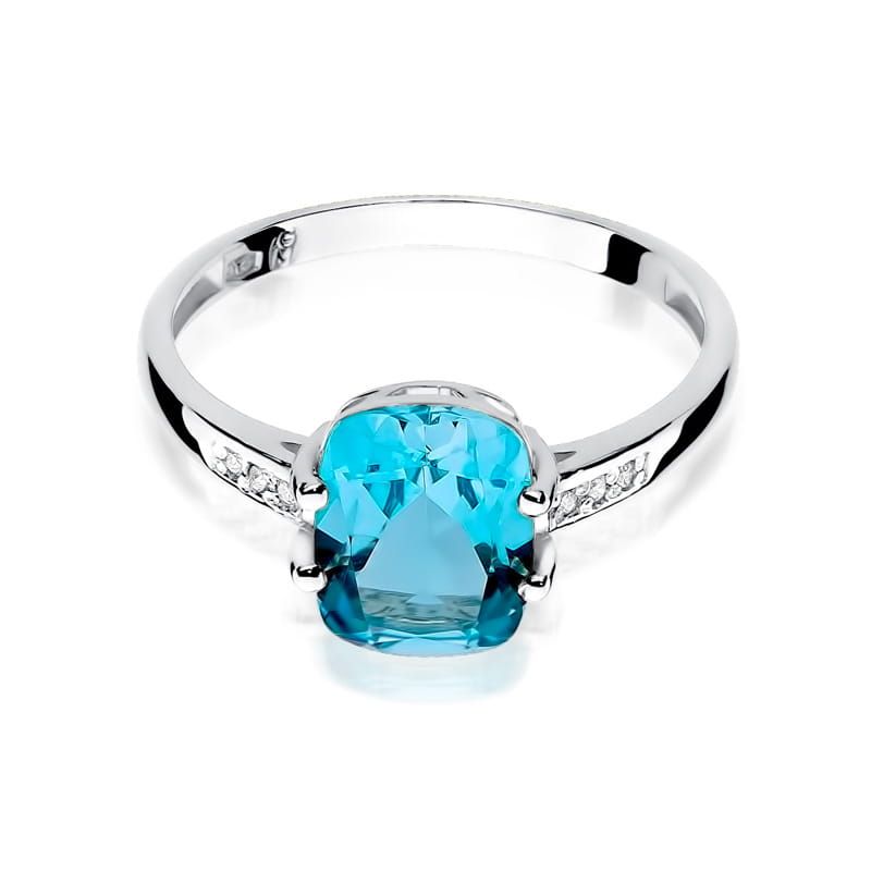 Pierścionek z topazem Swiss Blue 2,40 ct i brylantami, białe złoto 585