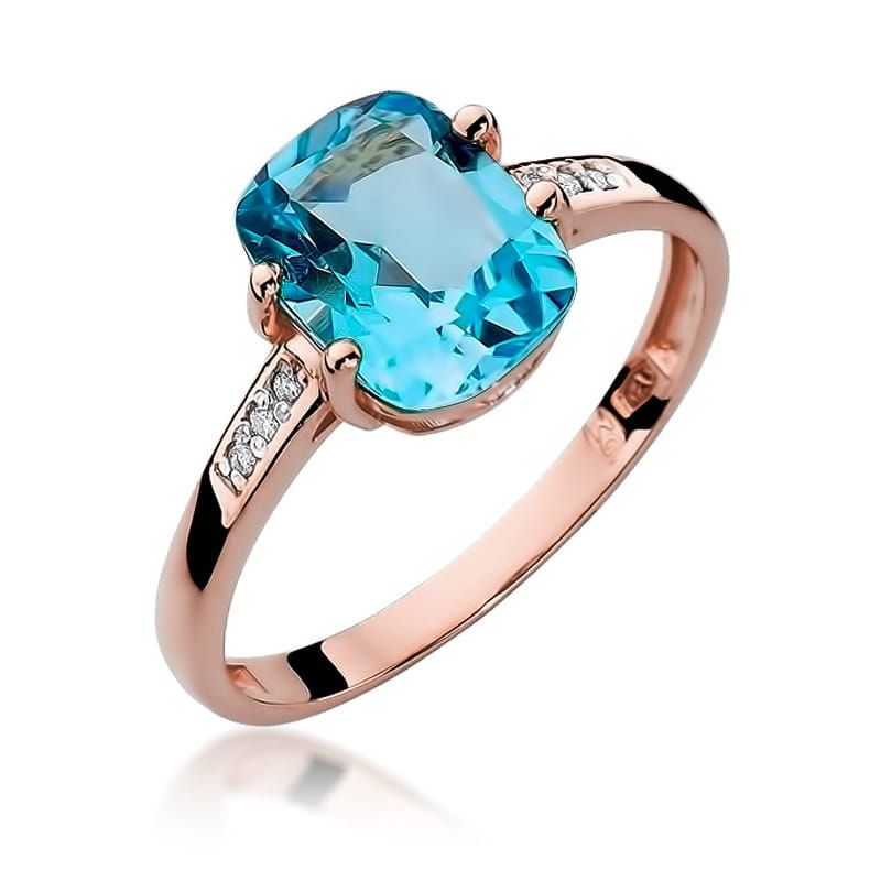 Pierścionek z topazem Swiss Blue 2,40 ct i brylantami, różowe złoto 585