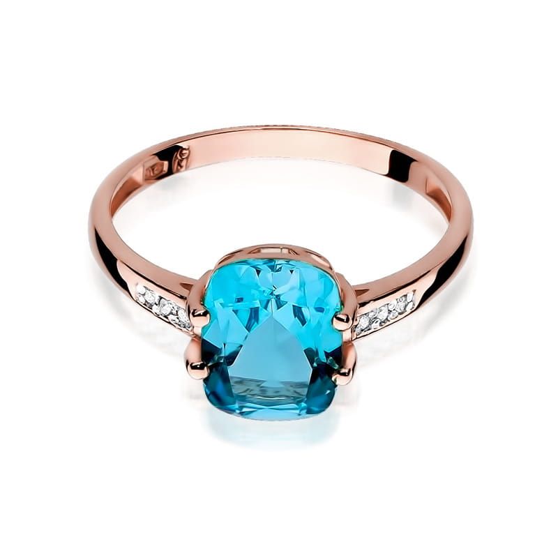 Pierścionek z topazem Swiss Blue 2,40 ct i brylantami, różowe złoto 585