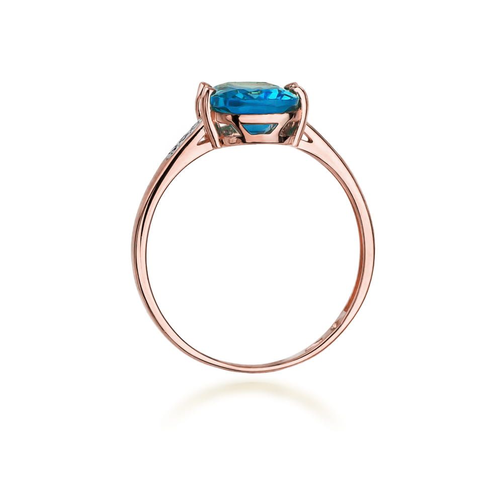 Pierścionek z topazem Swiss Blue 2,40 ct i brylantami, różowe złoto 585