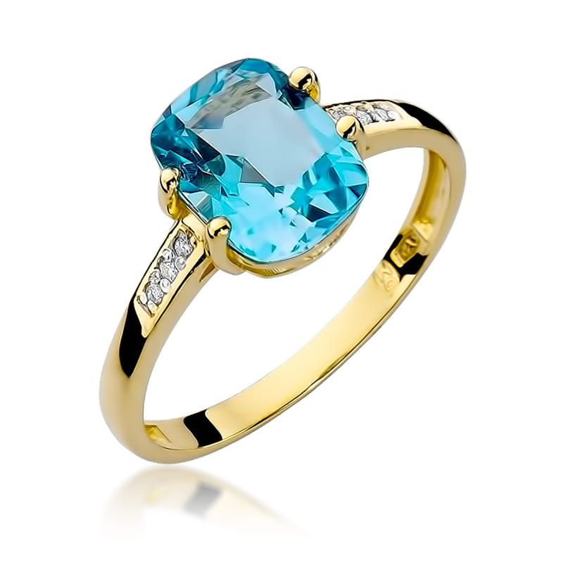 Pierścionek z topazem Swiss Blue 2,40 ct i brylantami, żółte złoto 585