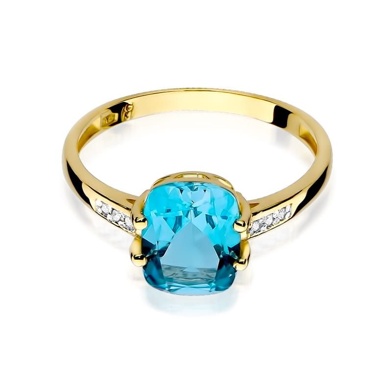 Pierścionek z topazem Swiss Blue 2,40 ct i brylantami, żółte złoto 585