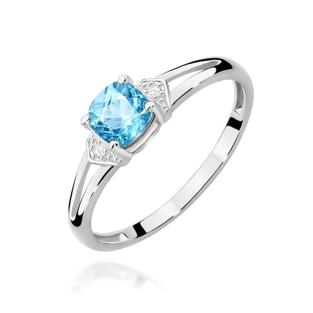 Pierścionek z topazem Swiss Blue 0,70 ct i brylantami, białe złoto 585