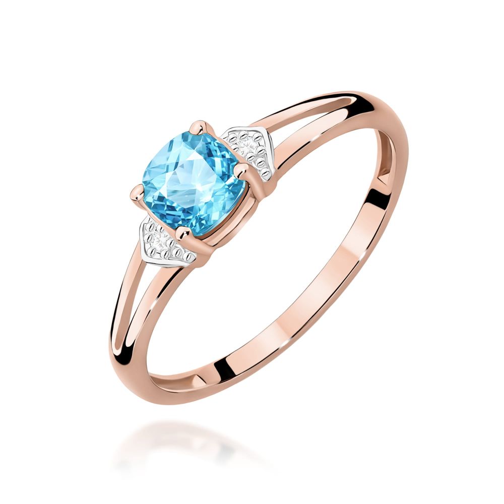 Pierścionek z topazem Swiss Blue 0,70 ct i brylantami, różowe złoto 585