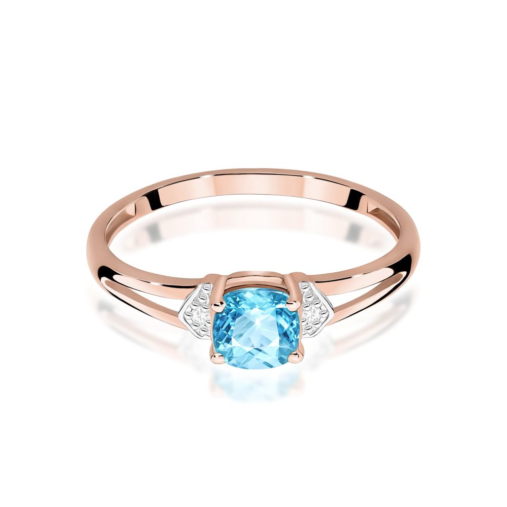 Pierścionek z topazem Swiss Blue 0,70 ct i brylantami, różowe złoto 585