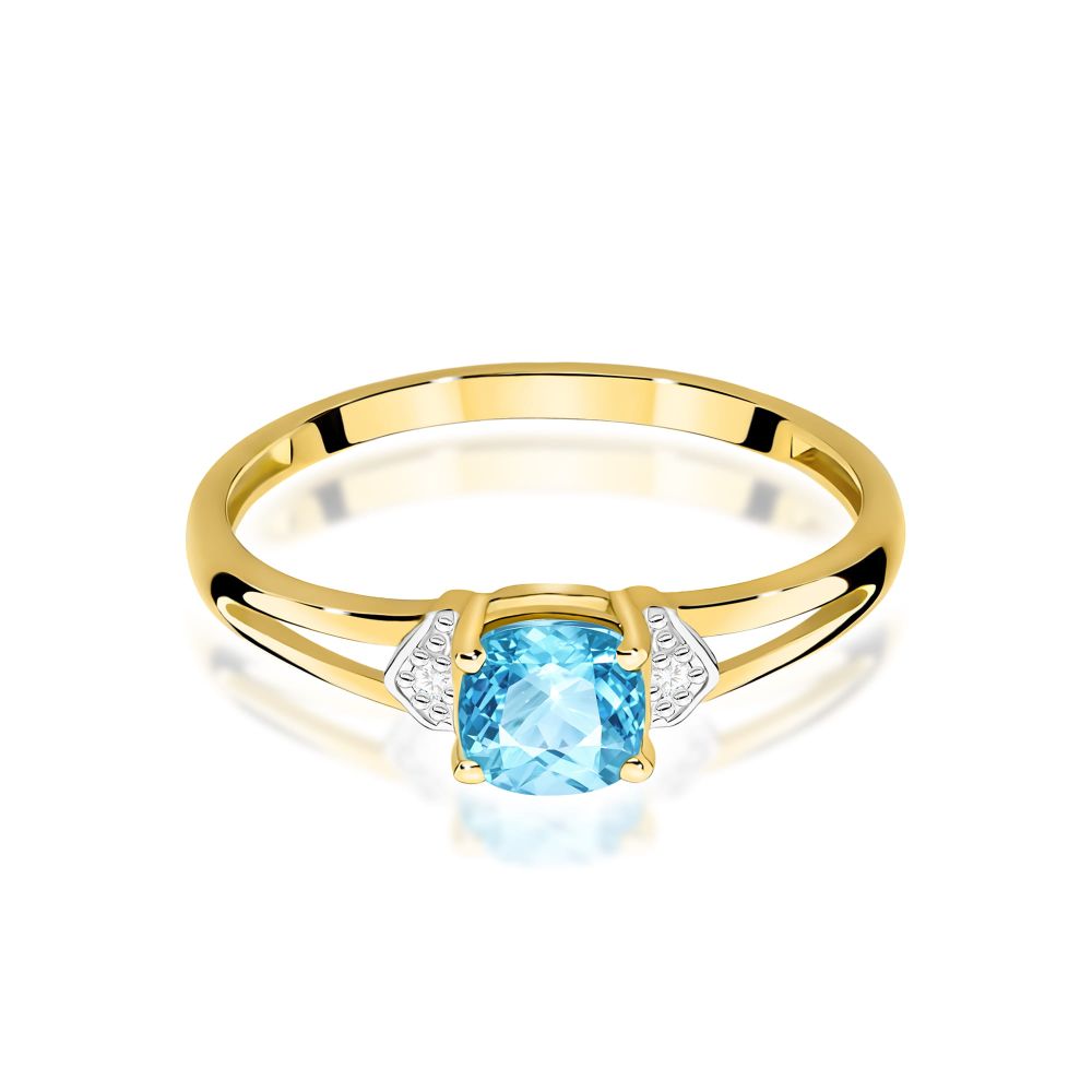 Pierścionek z topazem Swiss Blue 0,70 ct i brylantami, żółte złoto 585