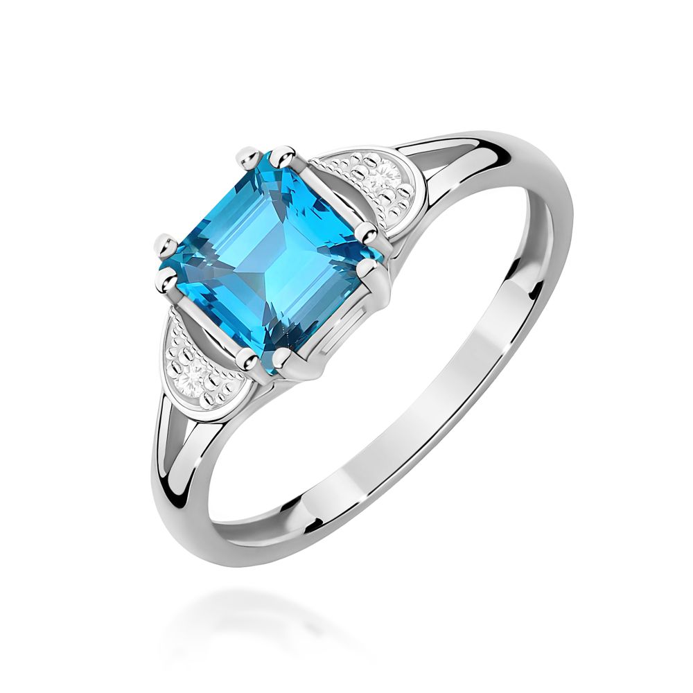 Pierścionek z topazem Swiss Blue 1,40 ct i brylantami, białe złoto 585
