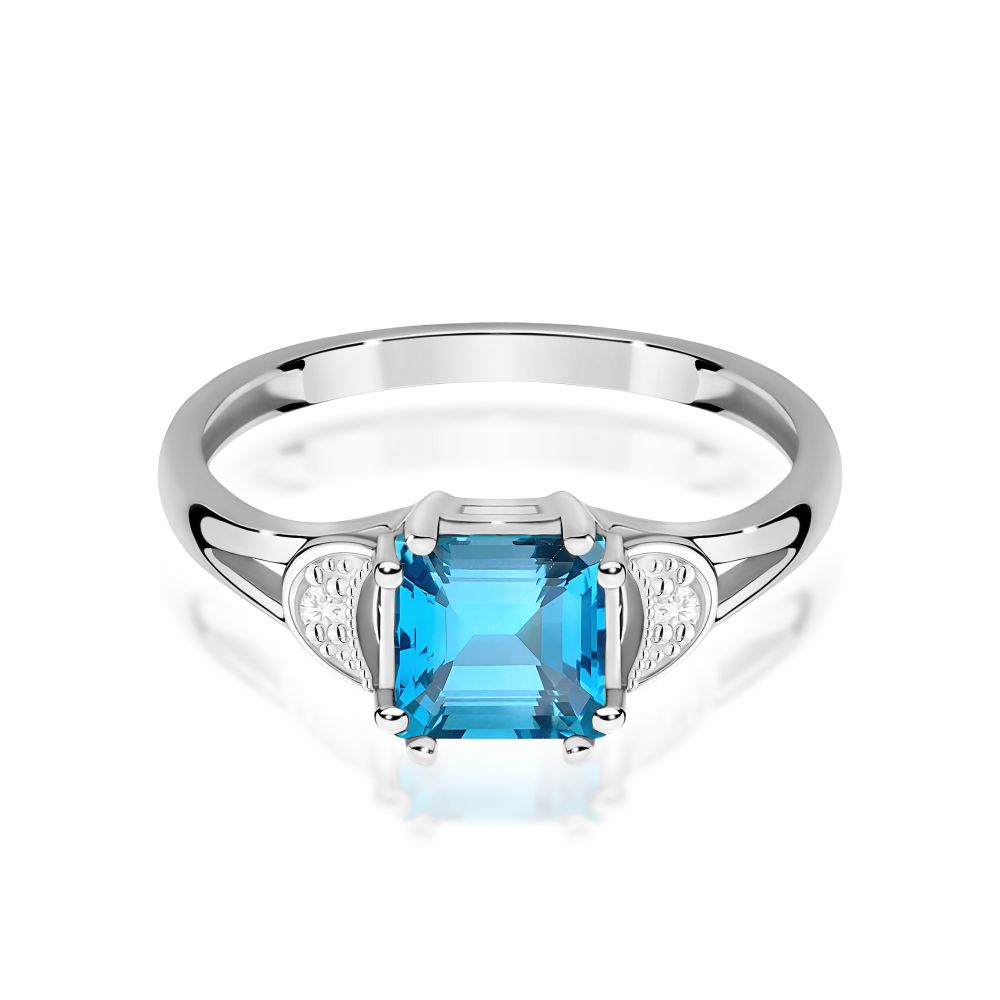 Pierścionek z topazem Swiss Blue 1,40 ct i brylantami, białe złoto 585