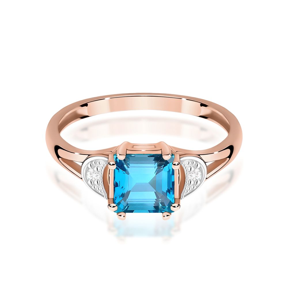 Pierścionek z topazem Swiss Blue 1,40 ct i brylantami, różowe złoto 585