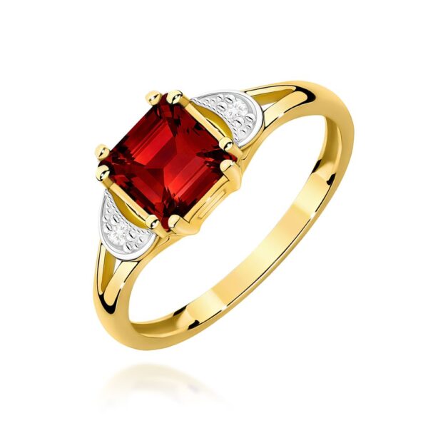 Pierścionek z granatem 1,30 ct i brylantami, żółte złoto 585