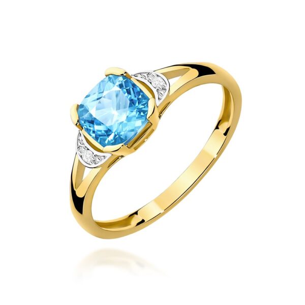 Pierścionek z topazem Swiss Blue 1,10 ct i brylantami, żółte złoto 585